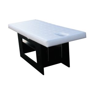 Masa de masaj, piele alba, baza din lemn de stejar